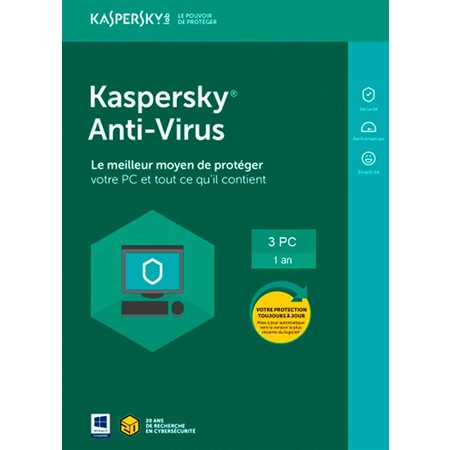Logiciel Antivirus Kaspersky 3 PC pour 1 an